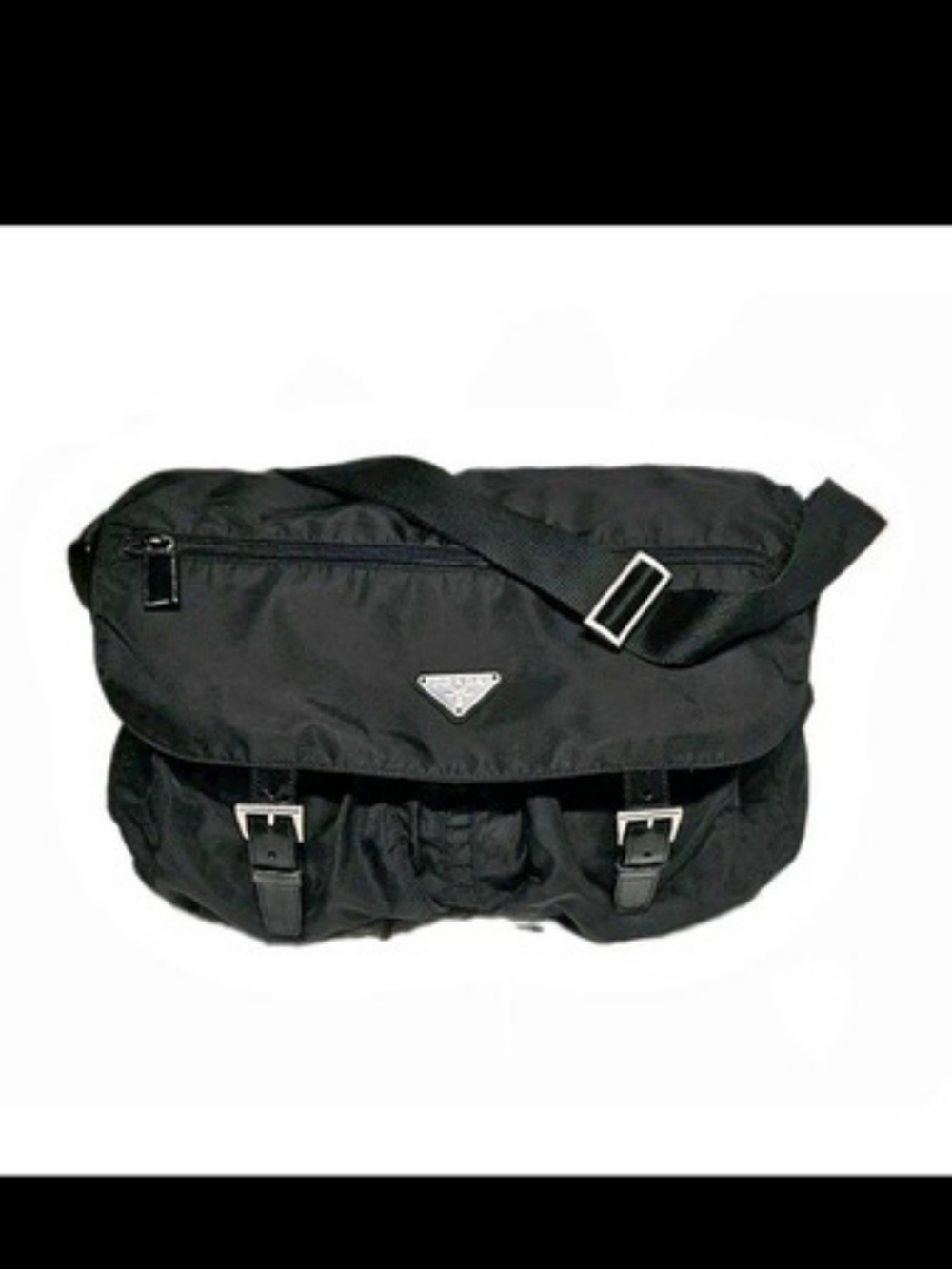 Prada Tessuto Nylon Saffiano Double Buckle Messenger Bag in Black